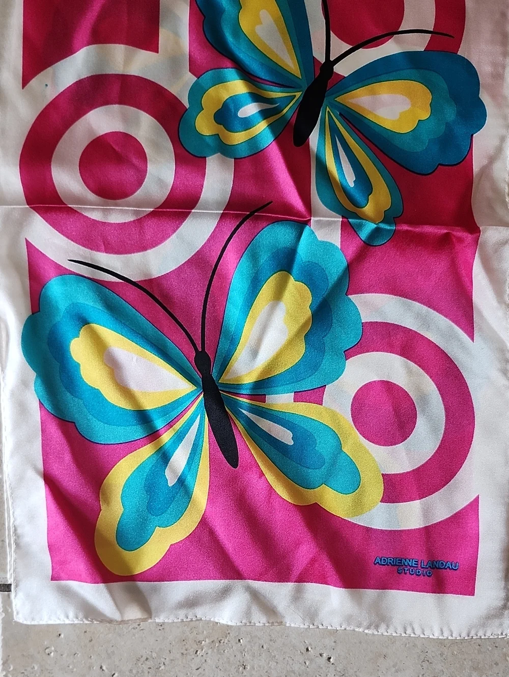 Adrienne Landau Pink Butterfly with Teal and Yellow Accents Silk Scarf